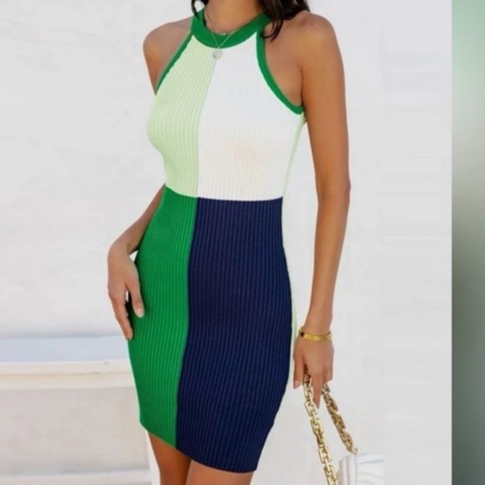 DEE ELLY Elegant Green and Blue Colorblock Mini Dress size small